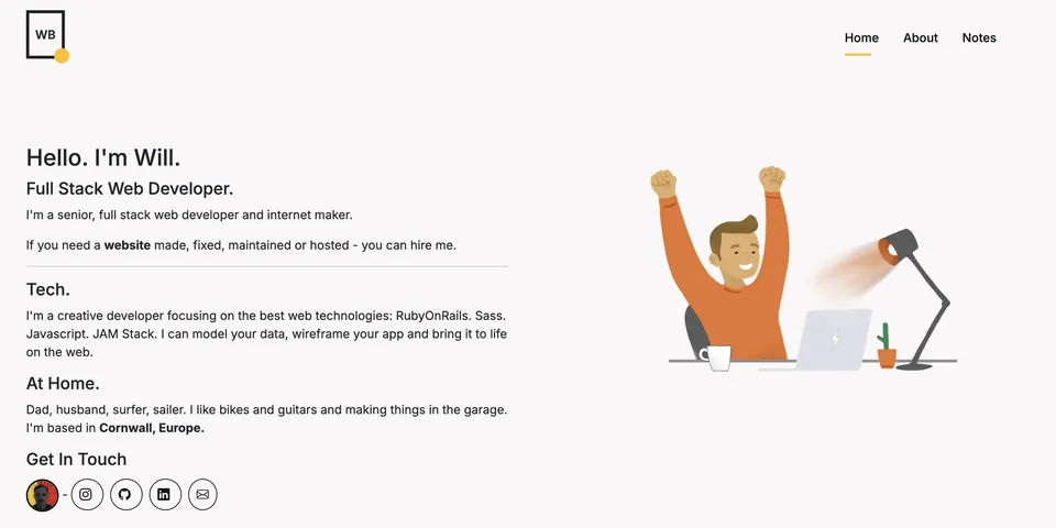 The willbarker.dev homepage, with an illustration of a developer at a desk.